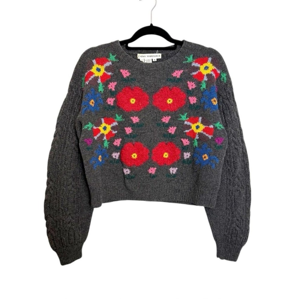 Cathy Hardwick Lambswool Cable Knit Floral Sweater Cottagecore M